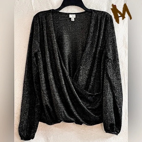 NWT Women's Long Sleeve Metallic Wrap Front Blouse - Picture 1 of 5